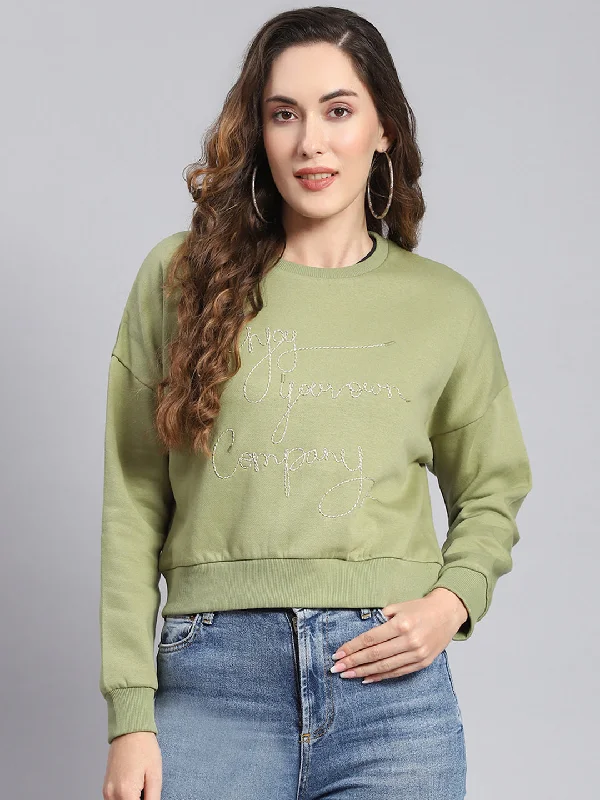 Women Green Embroidered Round Neck Full Sleeve Sweatshirts Hoodie with Gradient Ombre Colorful