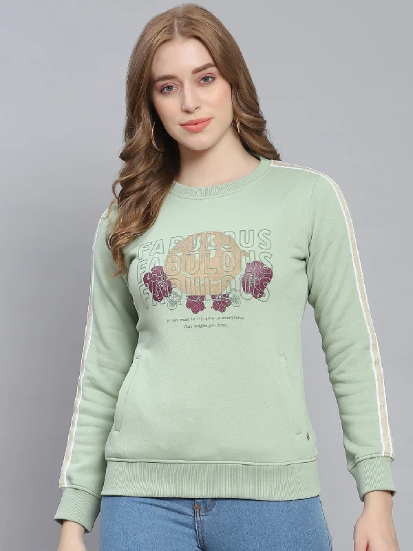 Women Green Printed Round Neck Full Sleeve Sweatshirts Hoodie with Ribbed Neckline Snug Warm