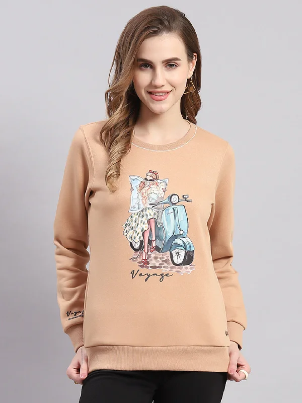 Women Peach Printed Round Neck Full Sleeve Sweatshirts Hoodie with Ribbed Neckline Snug Warm