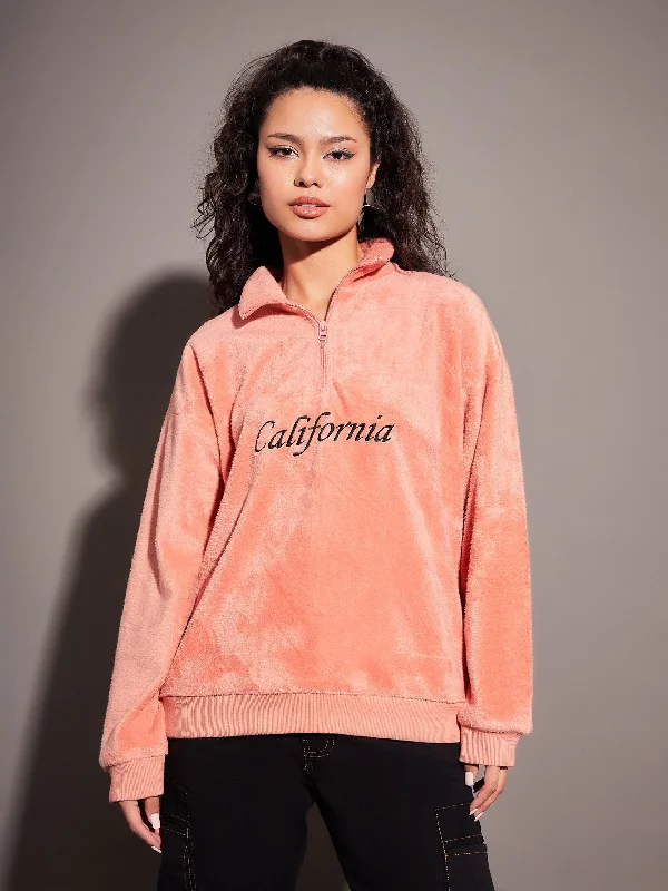 Women Pink Fur CALIFORNIA Embroidered High Neck Sweatshirt Hooded Sweatshirt Casual Wear Street Style