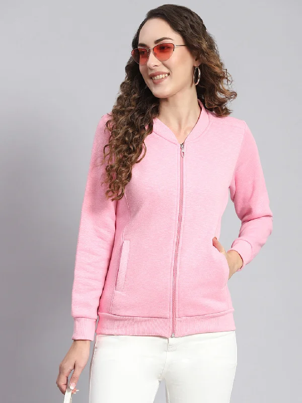 Women Pink Solid Mandarin Collar Full Sleeve Sweatshirts Hoodie with High-Low Hem Asymmetrical Trendy