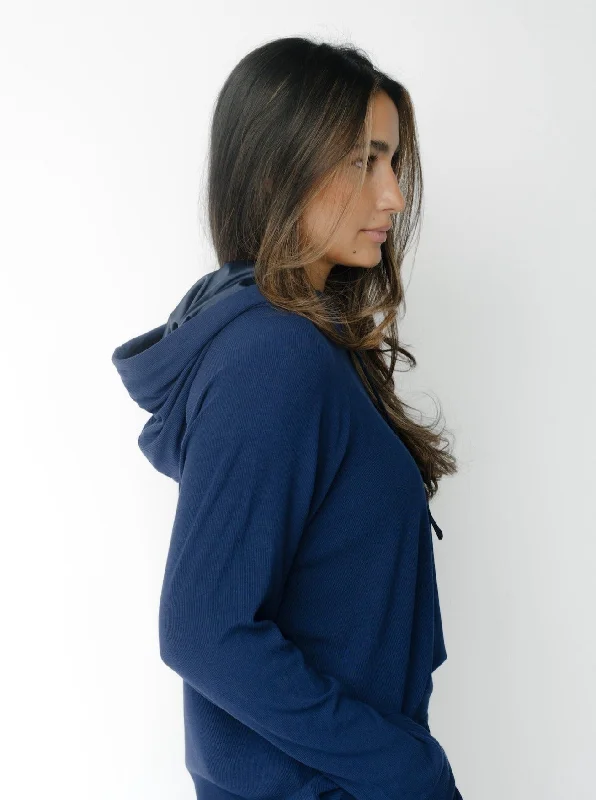 Women’s Bamboo Rib-Knit Hoodie Hoodie with Drawstring Waist Adjustable Fitted