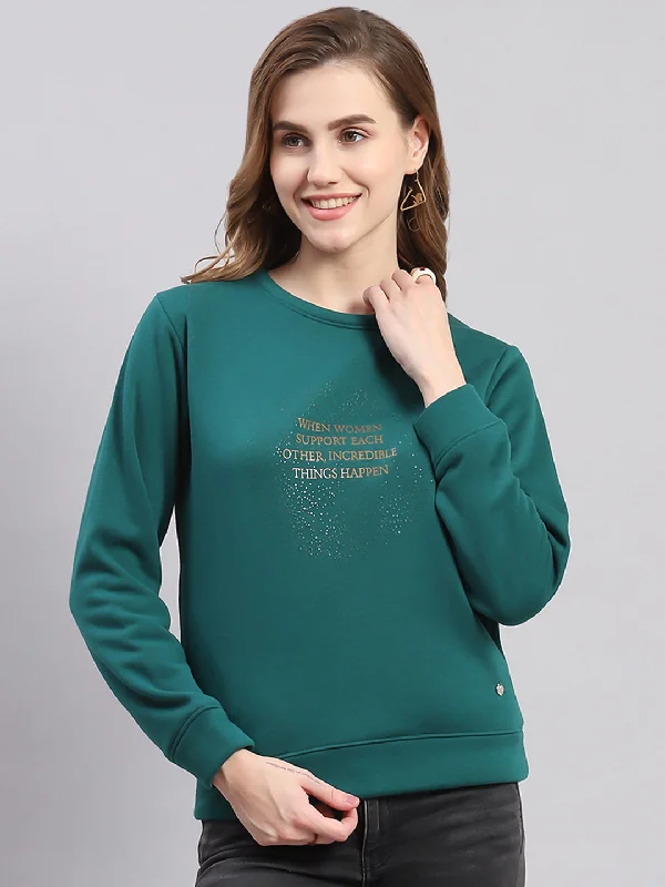 Women Teal Blue Printed Round Neck Full Sleeve Sweatshirts Hoodie with Hem Embroidery Detailed Premium