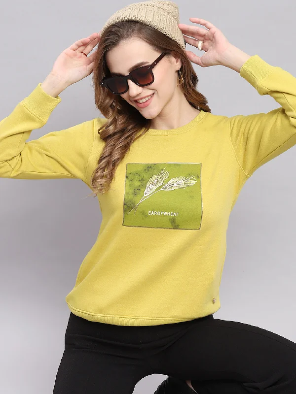 Women Yellow Printed Round Neck Full Sleeve Sweatshirts Hoodie with Raglan Sleeves Sporty Comfortable