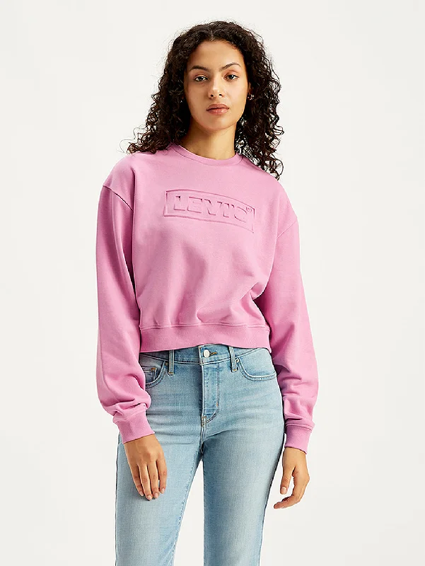 Women's Brand Logo Pink Crew Neck Sweatshirt Hoodie with Sequins Glamorous Eye-catching