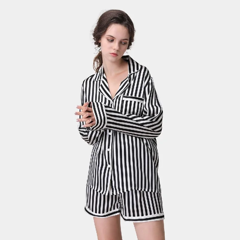 Women's Classic Real Mulberry Silk Sleepwear Ladies Long Sleeve Short Pants Pajama Set Warm Wool Trousers