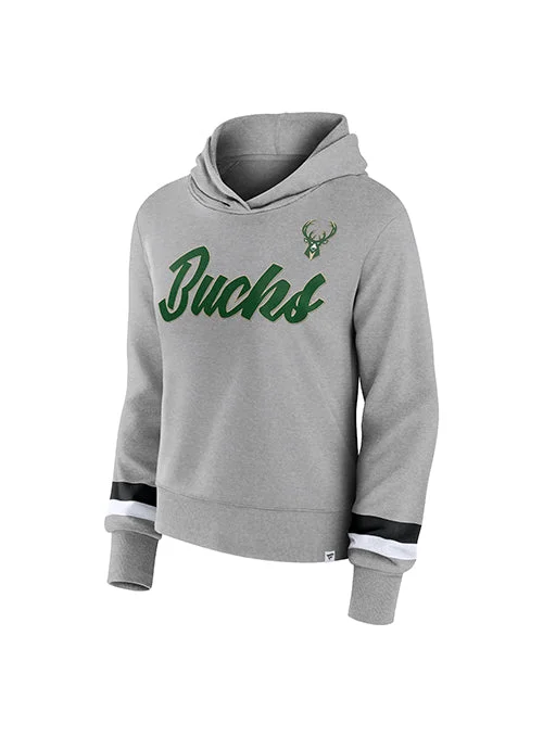 Women's Fanatics Script Grey Milwaukee Bucks Hooded Sweatshirt Hoodie with Hem Frayed Vintage Worn