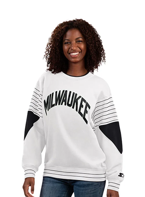 Women's Starter On The Ball White Milwaukee Bucks Crewneck Sweatshirt Hoodie with Back Slit Movement Comfort