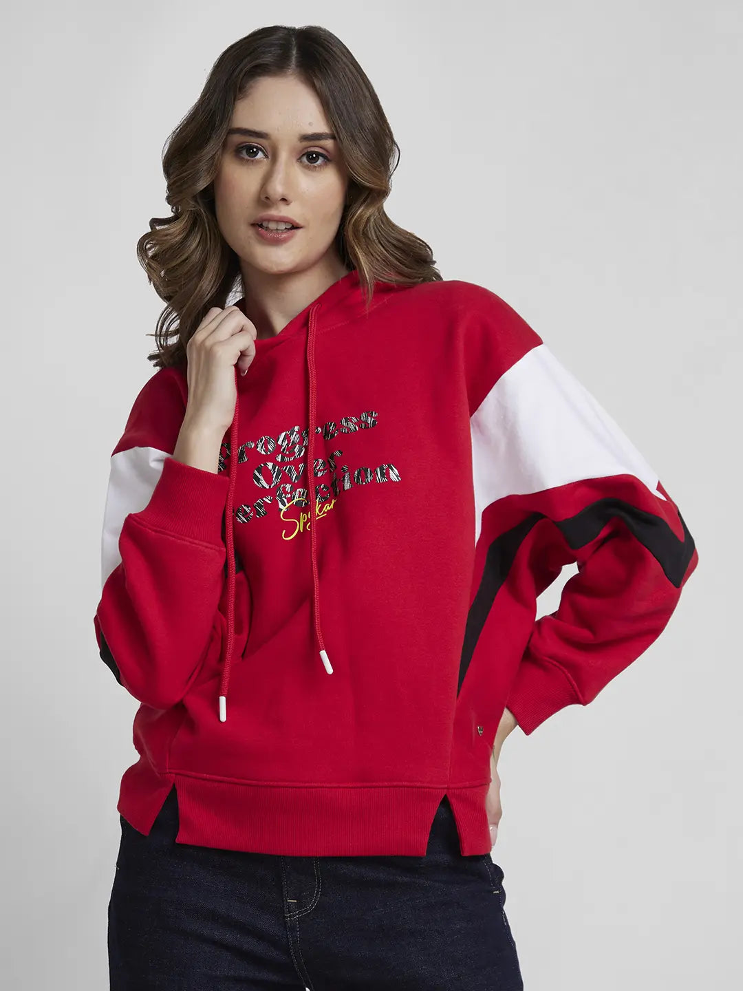 Spykar Women Crimson Blended Comfort Fit Hooded Printed Sweatshirt Hoodie with Bell Sleeves Flared Feminine